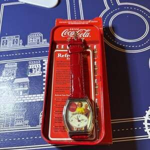 Vintage Coca-Cola Collectible Wrist Watch in Refrigerator Tin, Red Leather Band